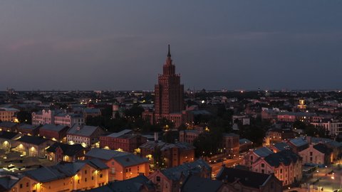 Aerial View Shot of Riga, Riga Skyline, Latvia at early evening