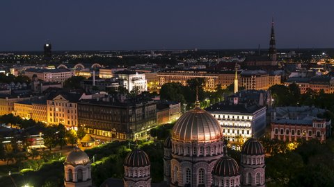 Aerial View Shot of Riga, amazing Riga Nativity of Christ Orthodox Cathedral, Latvia at night evening