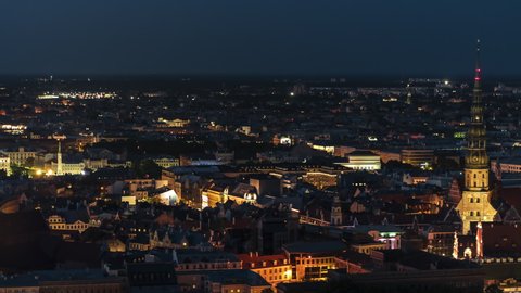 Aerial View Shot of Riga, Riga Skyline city panorama, Latvia at night evening