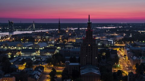 Aerial View Shot of Riga, Riga Skyline, Latvia at sunset