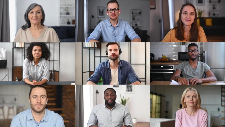 Online webinar concept. Video chat of several diverse people. Splash video screen with a group of multiracial employees, brainstorm online Royalty-Free Stock Footage #1067106310