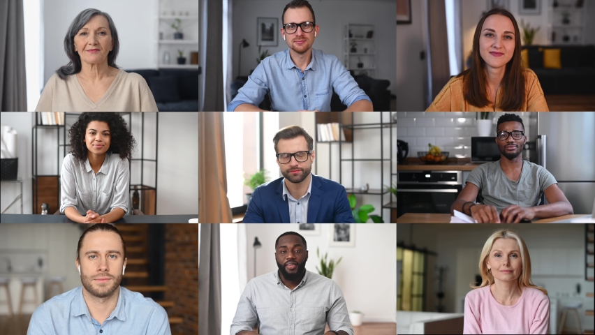 Group of diverse people on the screen has video meeting, nine multiracial colleagues talking together online, video conference, virtual connection. The leader is talking, the rest people is listening | Shutterstock HD Video #1067106325