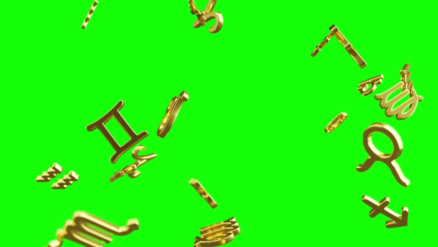 Golden Zodiac Symbols are falling on a green screen background. Looped Seamless Video. Luma Matte Transition. Alpha Channel Mask | Shutterstock HD Video #1067109382