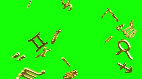 Golden Zodiac Symbols are falling on a green screen background. Looped Seamless Video. Luma Matte Transition. Alpha Channel Mask