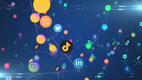 NEW YORK CITY, NY - CIRCA 2021: Social media platforms of Pinterest, Snapchat, TikTok, LinkedIn, facebook - Editorial Animation Rendering