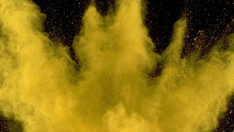 yellow  impact animation powder explosion on black background. Super Slow motion movement with acceleration in the beginning , 4k 
 , Color isolated , Real Burst multicolored dust colorful backdrop