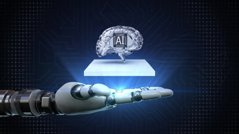The robot arm spreads its palm, The AI brain rotates and appears, Artificial Intelligence concept, 4k animation.