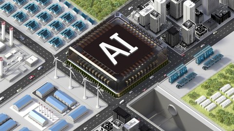Artificial intelligence cpu that controls green energy. Smart city powered by solar power, wind power, and smart agriculture, 4k animation.