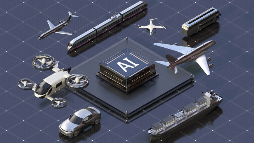 Future smart transportation controlled by artificial intelligence cpu. 4k animation.