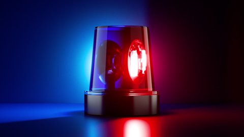 3d render, flashing light rotates and changes colors from blue to red, seamless loop animation. Emergency flasher strobe isolated on black background