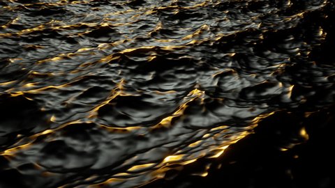 looping animation of black liquid with gold shimmer. Abstract cycled animated background of wavy surface, ocean splashing. Ripples on a water surface.