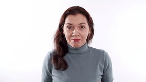 collage of several footage videos. Gestures, gestures and expressions of various emotions concept. Woman on a white background, Russian or American appearance.
