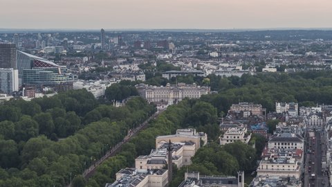 Establishing Aerial View Shot of London UK, St James Park and Buckingham Palace, United Kingdom, cloudy