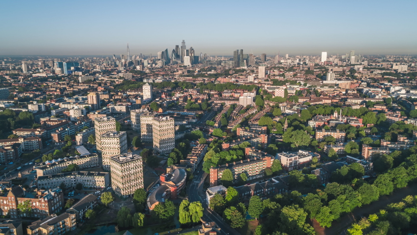 Establishing Aerial View Shot of London UK, view from suburbs, United Kingdom. day