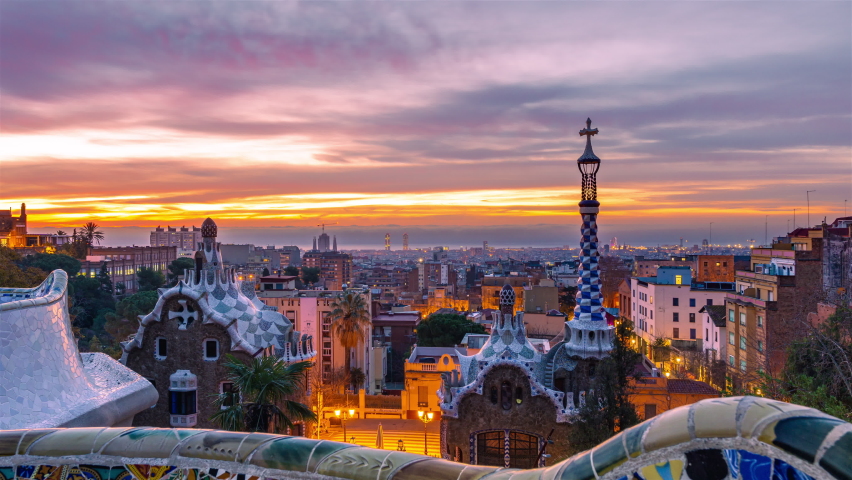 Barcelona Park Guell Sunrise Night to Day Timelapse