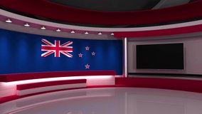 TV studio. New Zealand flag. News studio. Loop animation. The perfect backdrop for any green screen or chroma key video production. 3d render. 3d
