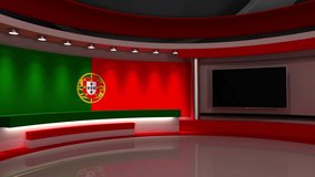 TV studio. Portugal. Portuguese flag. News studio. Loop animation. Background for any green screen or chroma key video production. 3d render. 3d
