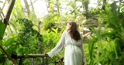 Young woman in white dress climbs up the stairs inside orangery against background of green tropical plants.