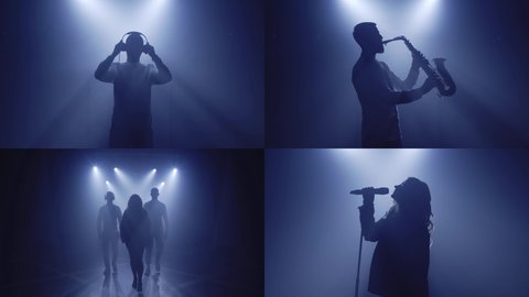 Multi-screen shot of backlit silhouettes of singer vocalist girl, saxophonist sax, dj man in dark musician nightclub disco. Starting concert on stage. Light appears and illuminates musical group band