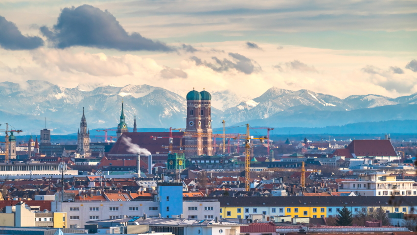 Munich skyline germany bavaria, munich downtown in background alps mountains time lapse footage in 4k, munich cathedral town hall, marienplatz skyscrapers. Royalty-Free Stock Footage #1067162467
