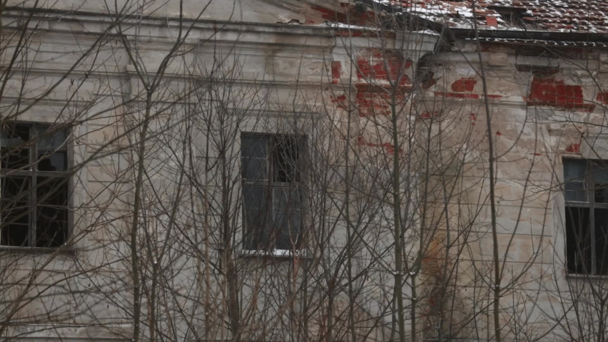 closeup view on windows of abandoned 19th century manor house in Lower Silesia, Poland