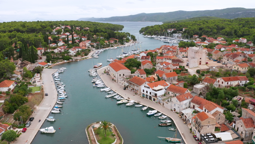 Aerial view of Vrboska town on Hvar island, Croatia