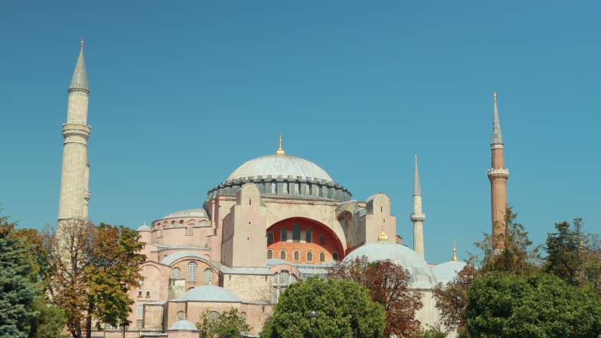 Mosques with minarets in Istanbul. Details of architecture and interior. View of the building on a summer sunny day.
