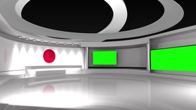TV studio. Japanese flag background. News studio. Loop animation. Background for any green screen or chroma key video production. 3d render. 3d 