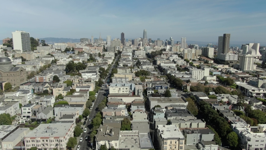 San Francisco Downtown from Pacific Heights Fillmore St Aerial Shot Back California USA