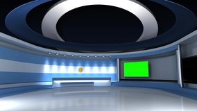 TV studio. Argentina. Argentine flag. Loop animation. News studio. Background for any green screen or chroma key video production. 3d render. 3d