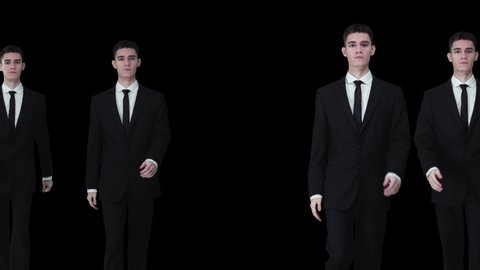 Animation of businessman cloned walking against black background