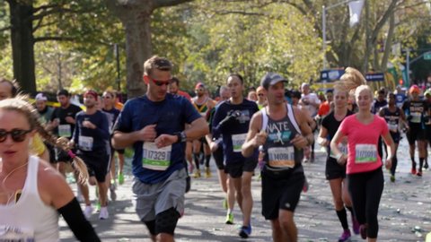 Brooklyn, New York,USA - November 3. 2019: Runners at New York Marathon, Sport Event in NYC, famous running race. Crowds cheering on Athletes