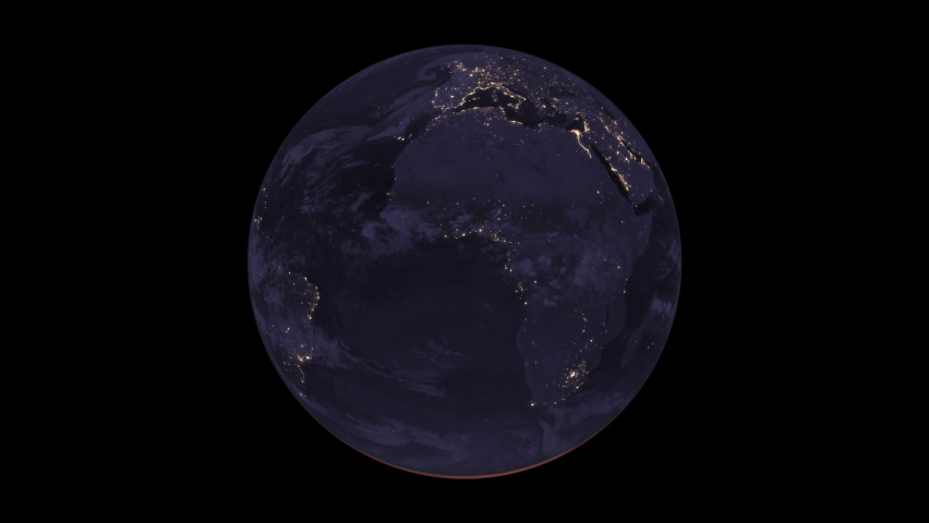 Planet Earth from geostationary orbit. Extremely detailed 24 hour time lapse showing day night cycle with animated weather systems and city lights. View is Directly over zero latitude, zero longitude. Royalty-Free Stock Footage #1067191054