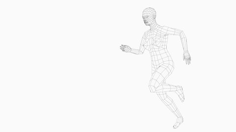 Wireframe running woman, seamless loop animation. 3d rendering