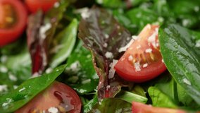 salad with tomatoes, arugula, spinach, cheese parmesan close up rotation. healthy lifestyle concept - Powered by Shutterstock - Get 15% off with code: PIKWIZARD15