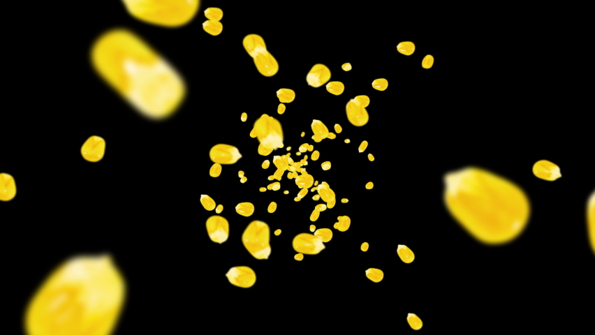 Flying many corn grains on black background. Yellow sweet corn seeds. Vegetarian. Healthy food. 3D loop animation of corn rotating. | Shutterstock HD Video #1067200321