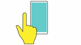 Animated hand flips through images on the phone. Vector illustration isolated on the white background.