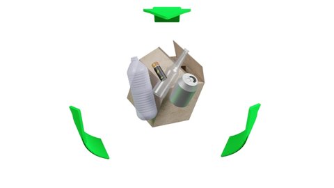 Video. Animation. Ecology. Recycling. Recycling symbol revolves around waste to be recycled. 