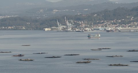 Panoramic view of Ria de Pontevedra, Galicia, Spain and and Marin harbor at background on sunny day. Beautiful seascape of Galicia