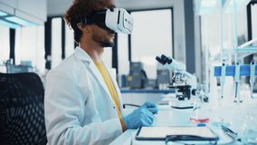 Futuristic Medical Science Research Laboratory: Bioengineer Wearing Virtual Reality Headset, Does Augmented Reality Research Using Smart Gestures. DNA Chain Biotechnology Research in Progress. - Powered by Shutterstock - Get 15% off with code: PIKWIZARD15