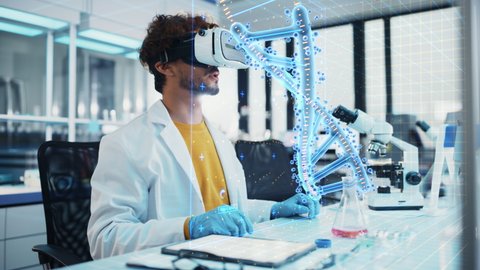Futuristic Medical Science Research Laboratory: Bioengineer Wearing Virtual Reality Headset, Does Augmented Reality Research Using Smart Gestures. DNA Chain Biotechnology Research in Progress.