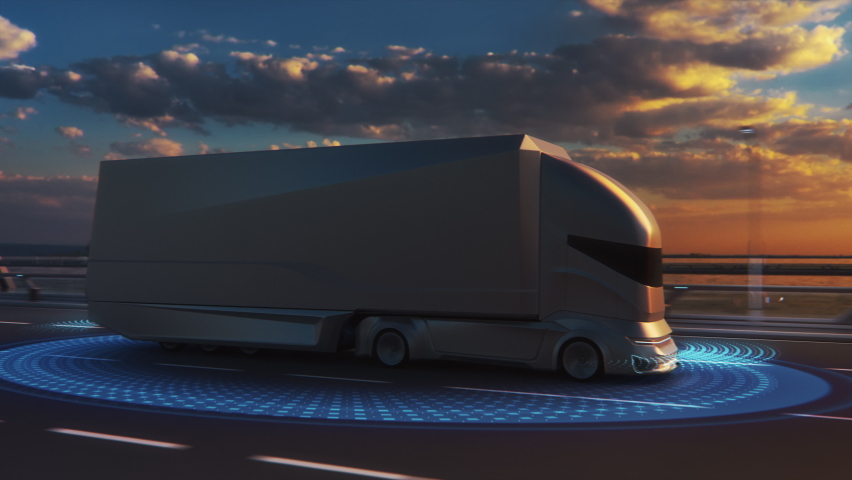 Futuristic Technology Concept: Autonomous Self-Driving Lorry Truck with Cargo Trailer Drives on the Road with Scanning Sensors. Special Effects of a Vehicle Analyzing Highway on a Sunset Evening. | Shutterstock HD Video #1067208094