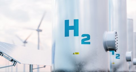 Hydrogen energy storage gas tank with solar panels and wind turbine in background. 3d rendering clip.