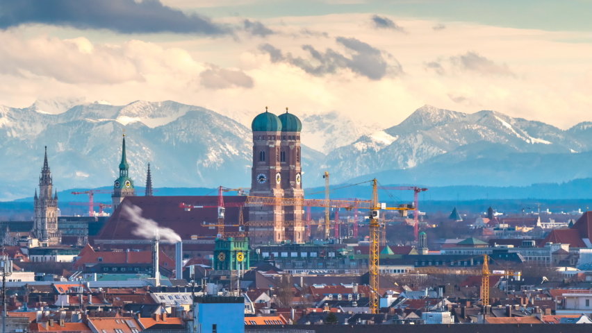 Munich germany beutiful skyline view from above, city cenre downtown, munich skyline aerial view time lapse video in 4k. Munchen cathedral town hall and church in old town.