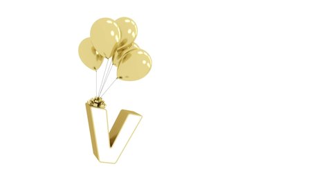 Cute Funny Gold Alphabet Letter V with Golden fly Balloon
