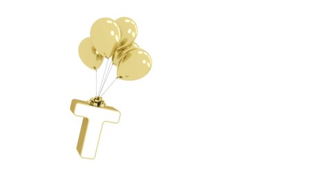 Cute Funny Gold Alphabet Letter T with Golden fly Balloon