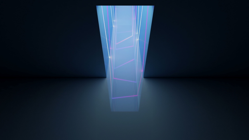 Top view of Person go to the illuminated color neon tunnel with blue lights. 4K Animation