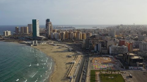 Tripoli, Libya - February 11, 2021: Capital of Libya, Tripoli seafront skyline view.