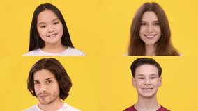 Creative composition of cheerful emotions of adult man and woman and teen boy and girl, orange studio background, slow motion