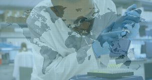 Animation of world map with hands of scientist testing with equipment in lab. ealthcare, medical research and protection during coronavirus covid 19 pandemic, digitally generated video.